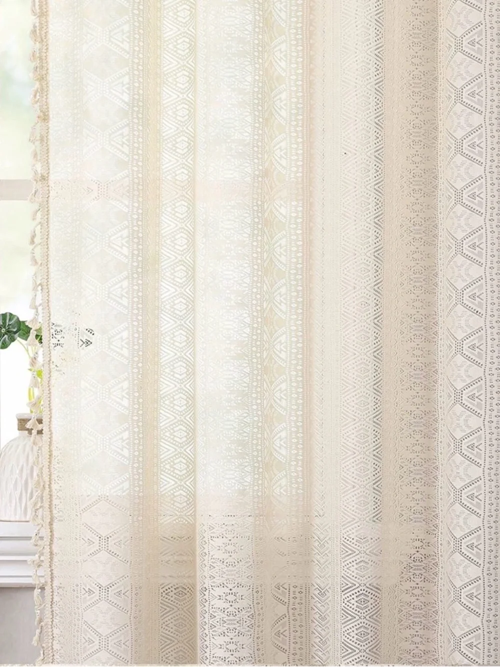 BohoSheer Linen Tassel Lace Curtain Panels - Beige